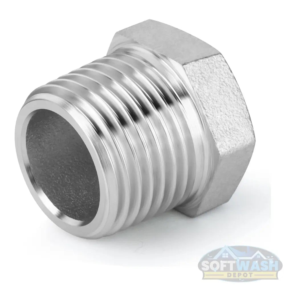 1/2 inch NPT male x 3/8 inch NPT female 304 stainless steel reducer hex bushing pipe fitting for plumbing and industrial use. - Soft Wash Depot
