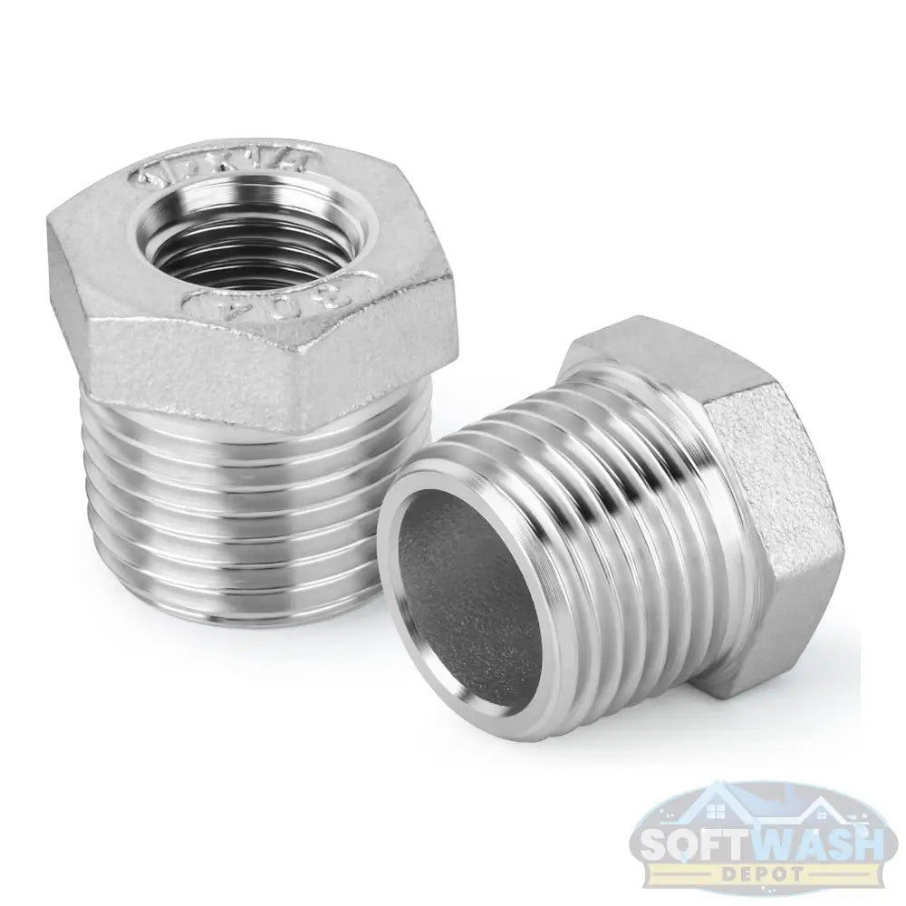1/2 inch NPT male x 3/8 inch NPT female 304 stainless steel reducer hex bushing pipe fitting for plumbing and industrial use. - Soft Wash Depot