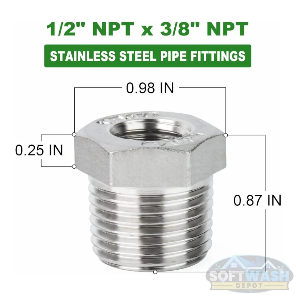 1/2 inch NPT male x 3/8 inch NPT female 304 stainless steel reducer hex bushing pipe fitting for plumbing and industrial use. - Soft Wash Depot