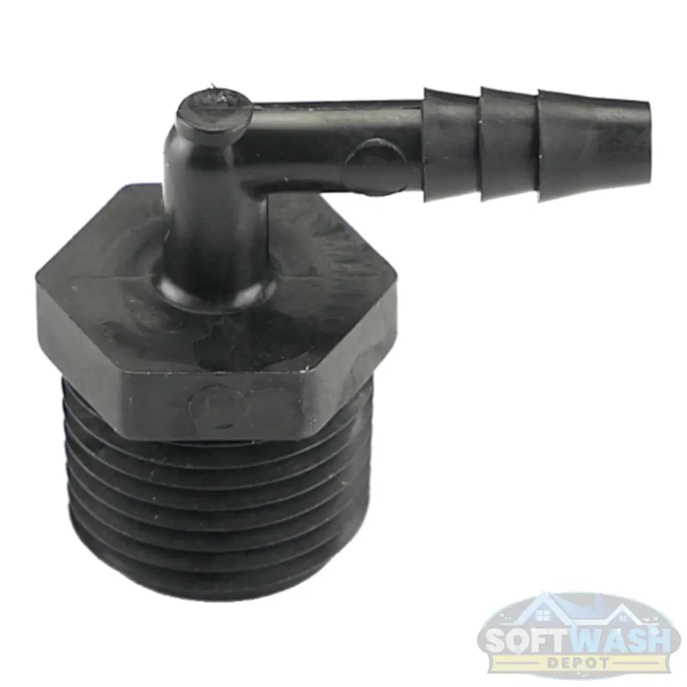 1/2 inch NPT x 1/4 inch hose ID black HDPE elbow fitting. - Soft Wash Depot.