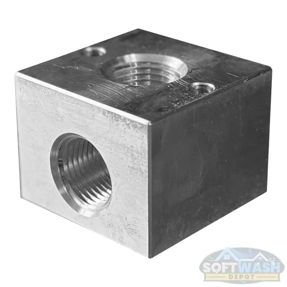 1/2 inch 3-way aluminum unloader bypass block with three NPT ports, precision machined in the USA for soft wash and pressure washing systems. - Soft Wash Depot