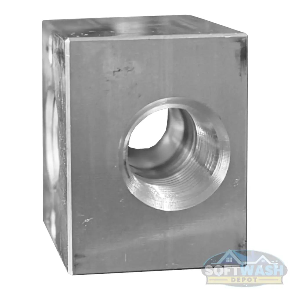 1/2 inch 3-way aluminum unloader bypass block with three NPT ports, precision machined in the USA for soft wash and pressure washing systems. - Soft Wash Depot
