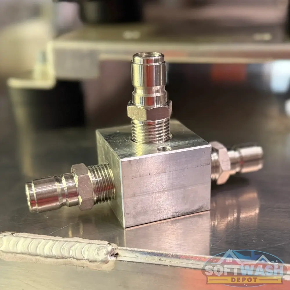 1/2 inch 3-way aluminum unloader bypass block with three NPT ports, precision machined in the USA for soft wash and pressure washing systems. - Soft Wash Depot