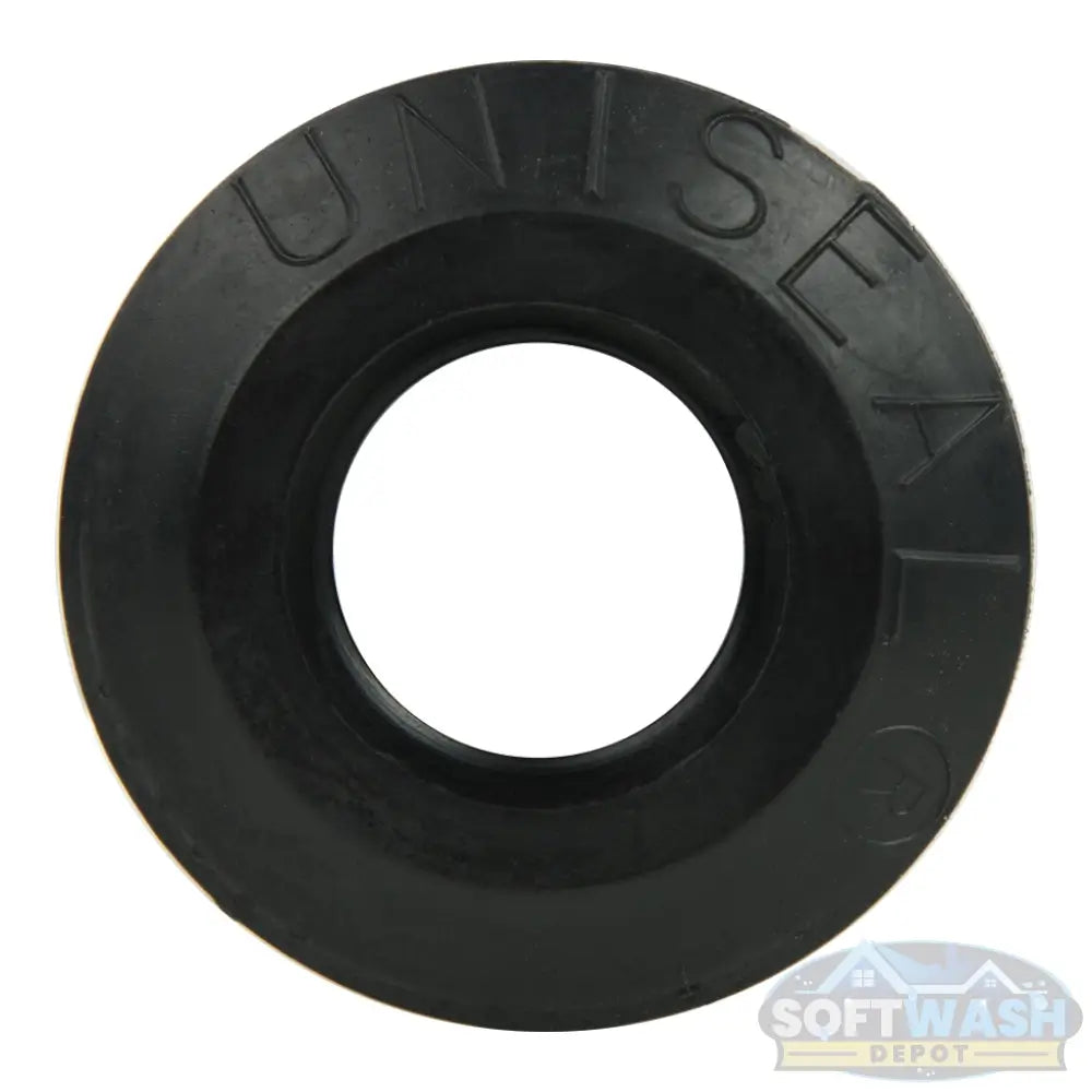 Close-up view of a 1/2-inch black Uniseal® pipe-to-tank seal, showing the flexible rubber grommet opening for connecting PVC pipe to a tank wall.