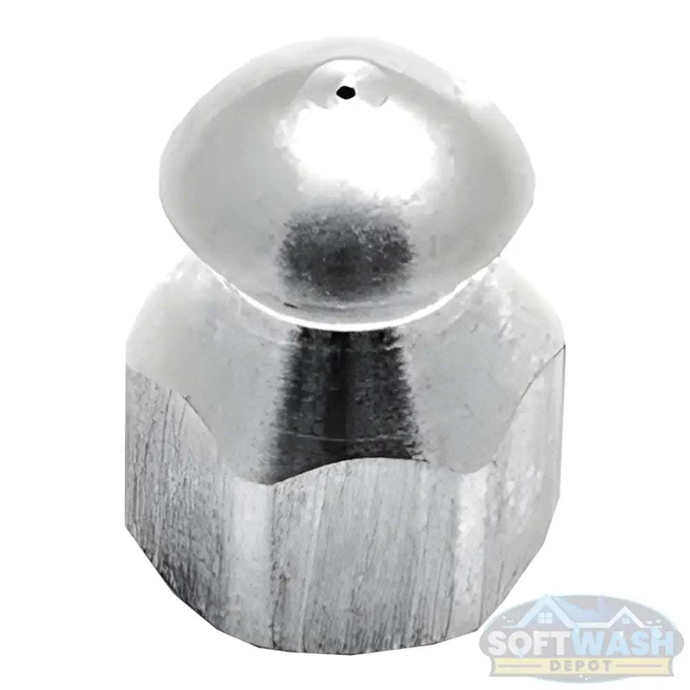 1/4 inch stainless steel fixed 4.5 sewer nozzle with button nose, front jet, and three rear jets for residential drain and sewer line cleaning. - Soft Wash Depot
