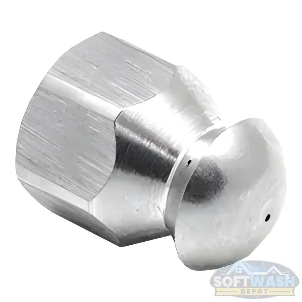1/4 inch stainless steel fixed 8.0 sewer nozzle with button nose, front jet, and three rear jets for pressure washer sewer and drain cleaning. - Soft Wash Depot