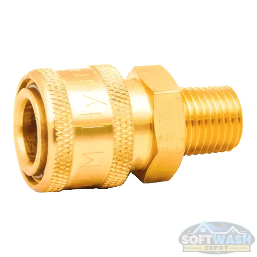 1/4" brass quick-connect socket with 1/4" male pipe thread for attaching pressure washer hoses and spray equipment - Soft Wash Depot.
