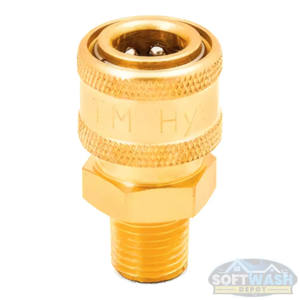 1/4" brass quick-connect socket with 1/4" male pipe thread for attaching pressure washer hoses and spray equipment - Soft Wash Depot.