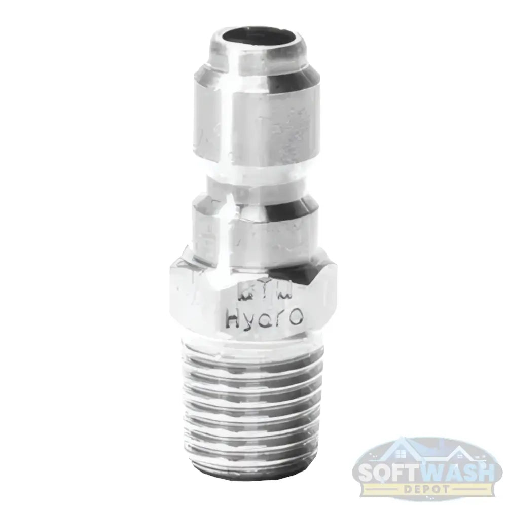 1/4" plated steel quick-connect plug with 1/4" male pipe thread, used for pressure washer hoses, spray guns, and wands - Soft Wash Depot.
