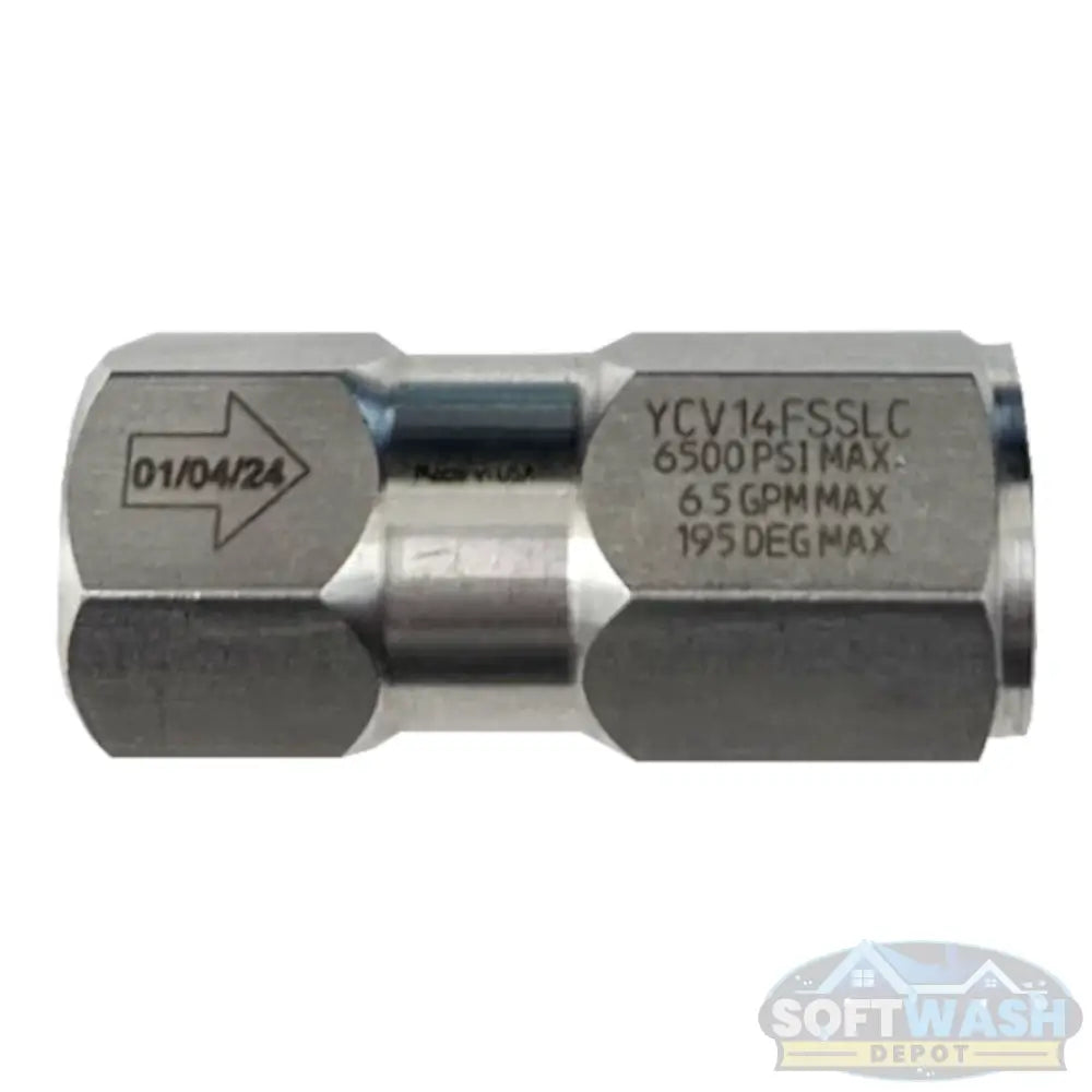 1/4" Stainless Steel Check Valve for Downstream Injector - 6500 PSI max pressure, 6.5 GPM flow capacity, corrosion-resistant valve for pressure washing and soft wash systems - Soft Wash Depot.