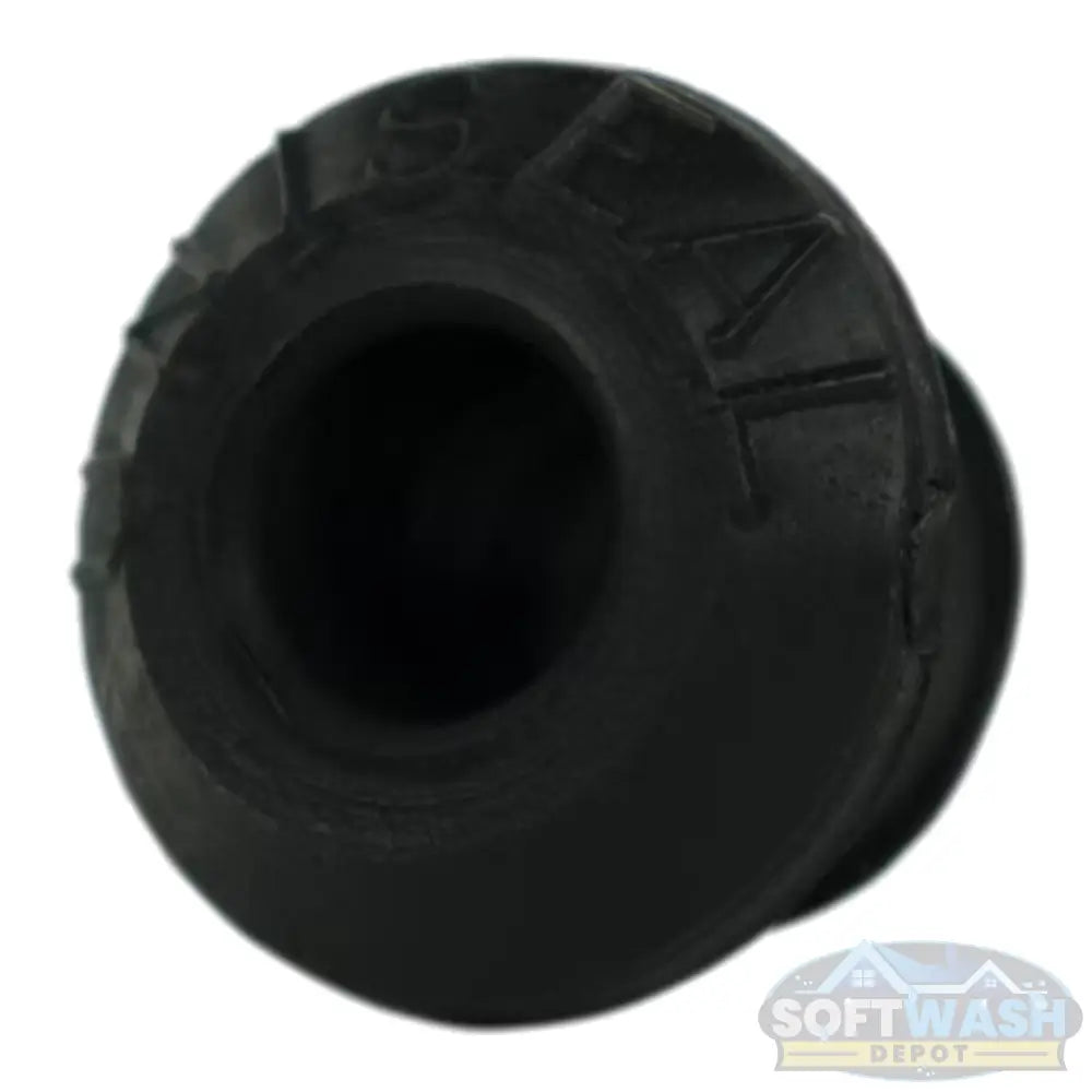 Close-up view of a 1/4-inch black Uniseal® pipe-to-tank seal, showing the flexible rubber grommet opening for connecting PVC pipe to a tank wall.