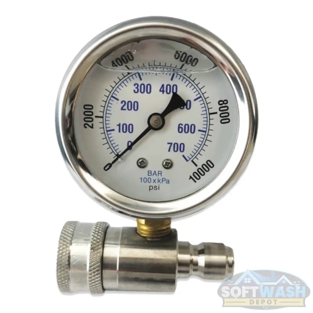 10,000 PSI top-mount pressure gauge with stainless steel quick-connect fitting, high-pressure measurement tool for pressure washing and industrial cleaning systems - Soft Wash Depot.
