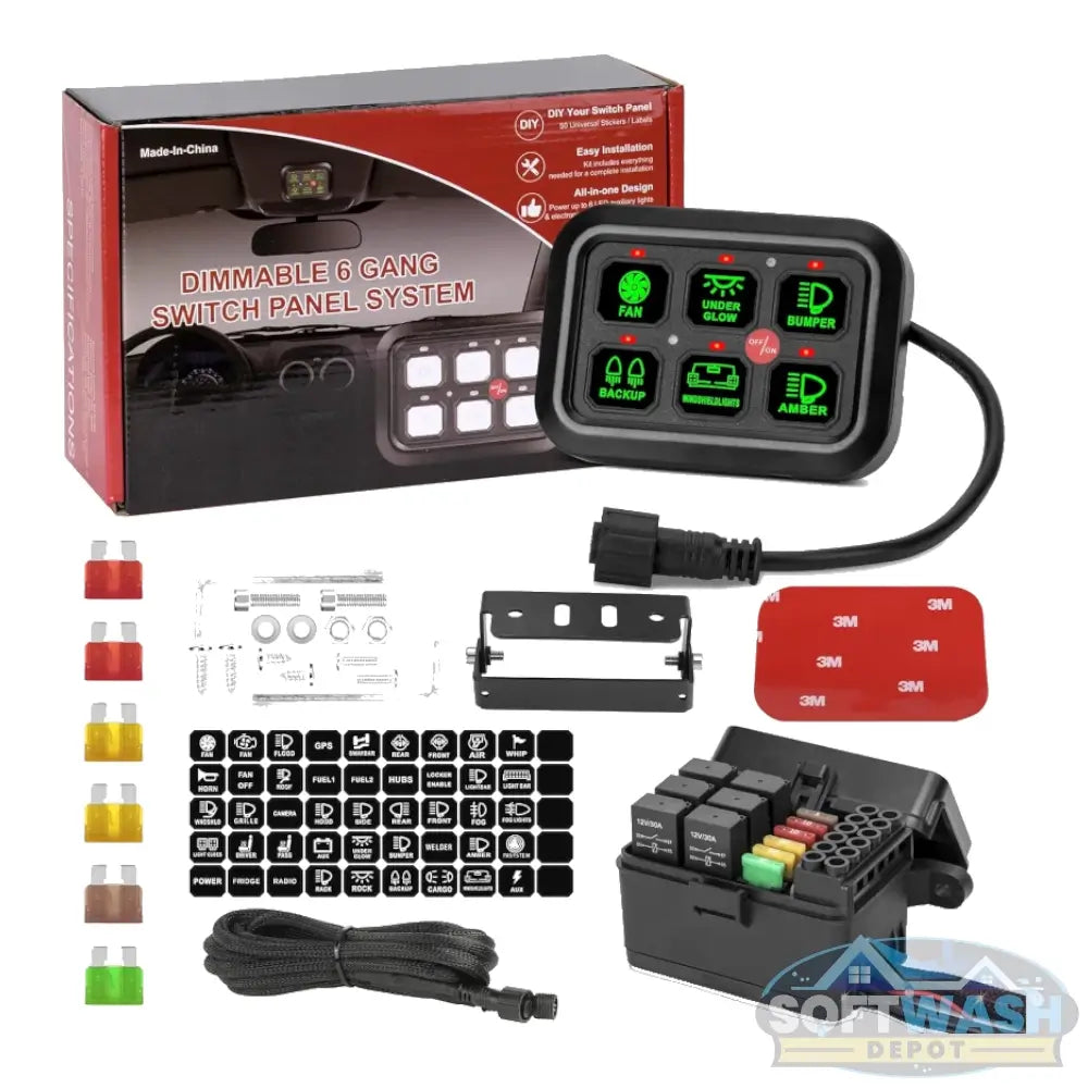 12V 6-gang dimmable switch panel with fuse system, LED control panel kit for accessories and lighting management - Soft Wash Depot.