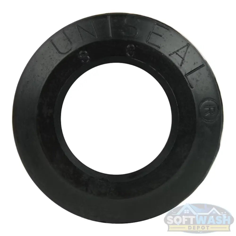 Close-up view of a 1-inch black Uniseal® pipe-to-tank seal, showing the flexible rubber grommet opening for connecting PVC pipe to a tank wall.