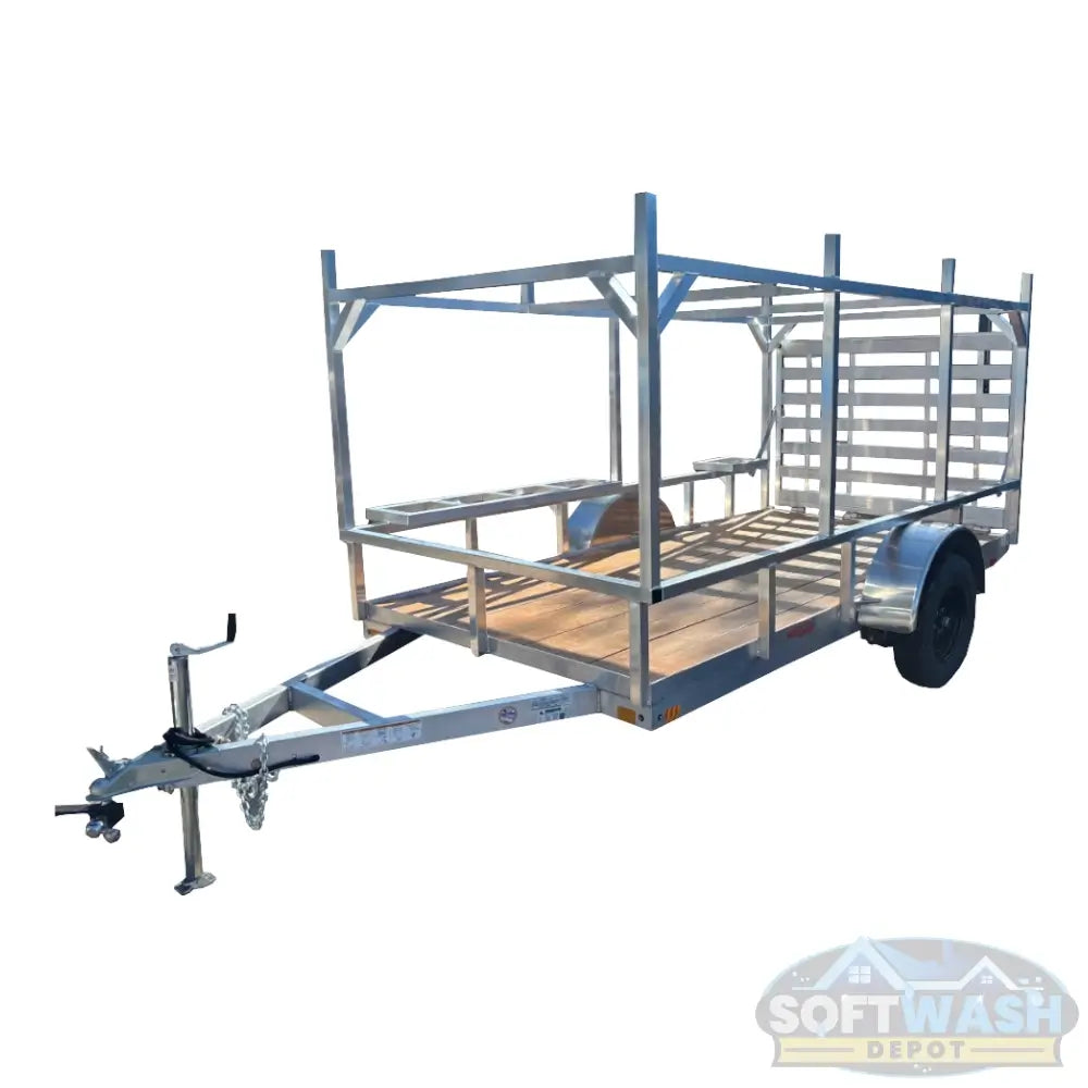 2026 Alcom 6x12 single axle aluminum trailer with rear drop-down tailgate and pressure-treated wood floor, designed for contractor and soft wash equipment setups. - Soft Wash Depot