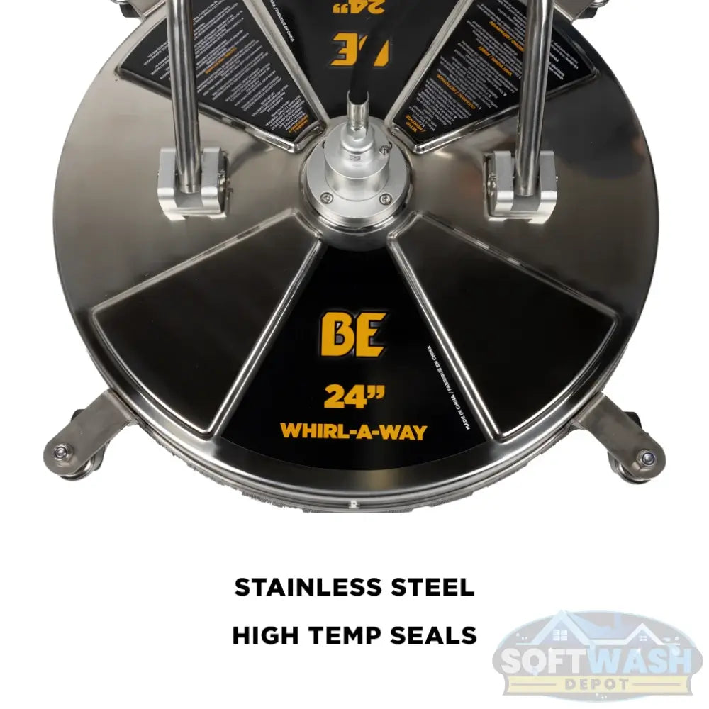 24 inch Whirl-A-Way stainless steel surface cleaner with triple rotating spray jets, twin handles, and caster wheels for commercial pressure washing. - Soft Wash Depot