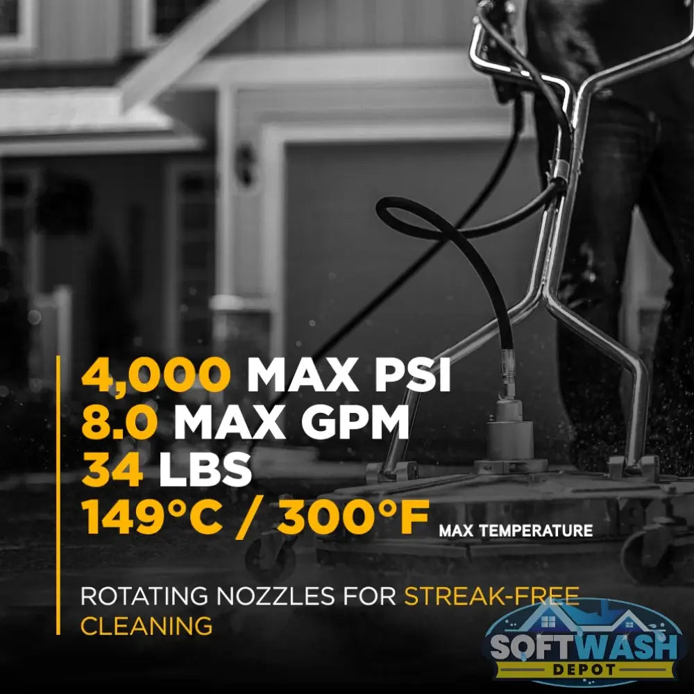 24 inch Whirl-A-Way stainless steel surface cleaner with triple rotating spray jets, twin handles, and caster wheels for commercial pressure washing. - Soft Wash Depot