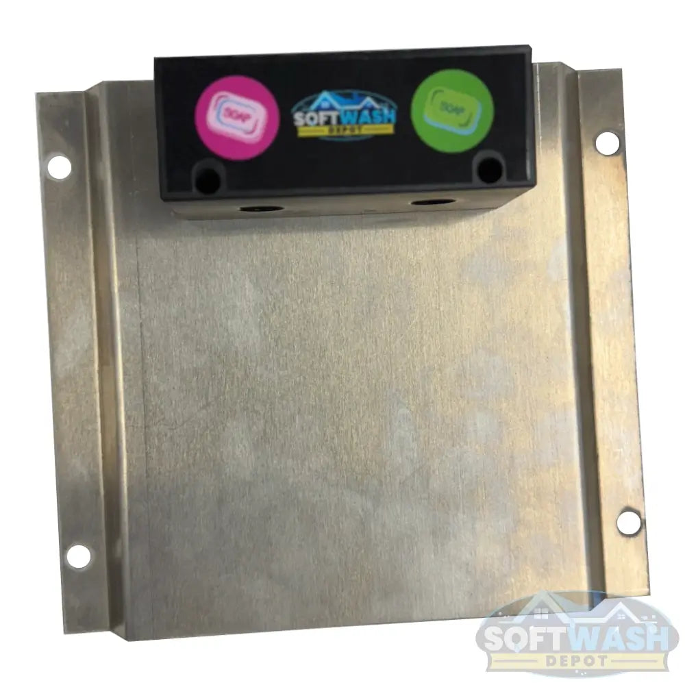 Black downstream injector manifold block available in 2-port and 3-port configurations, featuring chemical-resistant valves and barbed fittings for quick soft wash solution switching. - Soft Wash Depot