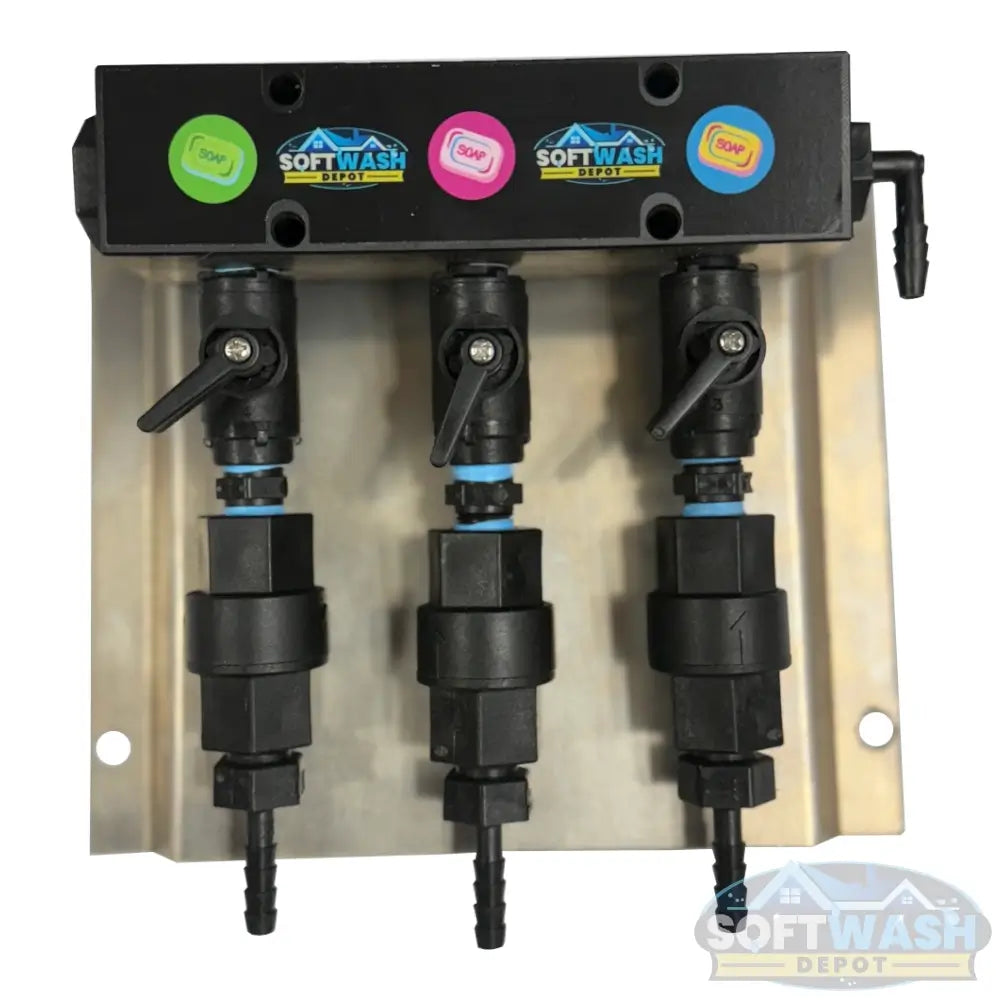Black downstream injector manifold block available in 2-port and 3-port configurations, featuring chemical-resistant valves and barbed fittings for quick soft wash solution switching. - Soft Wash Depot
