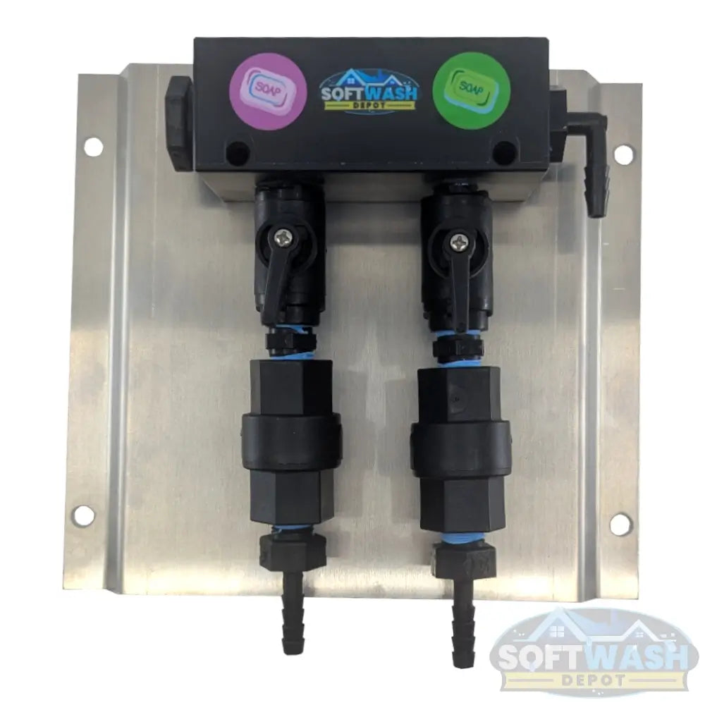 Black downstream injector manifold block available in 2-port and 3-port configurations, featuring chemical-resistant valves and barbed fittings for quick soft wash solution switching. - Soft Wash Depot