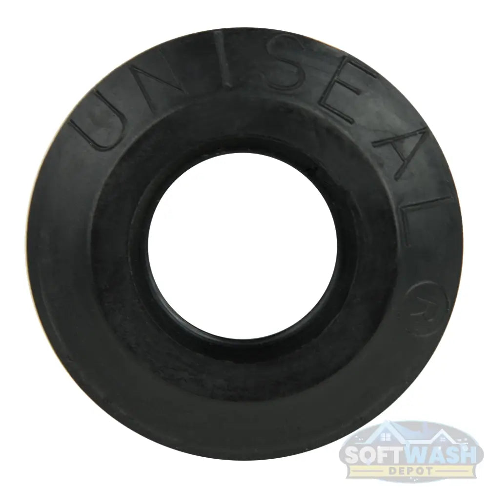 Close-up view of a 3/4-inch black Uniseal® pipe-to-tank seal, showing the flexible rubber grommet opening for connecting PVC pipe to a tank wall.