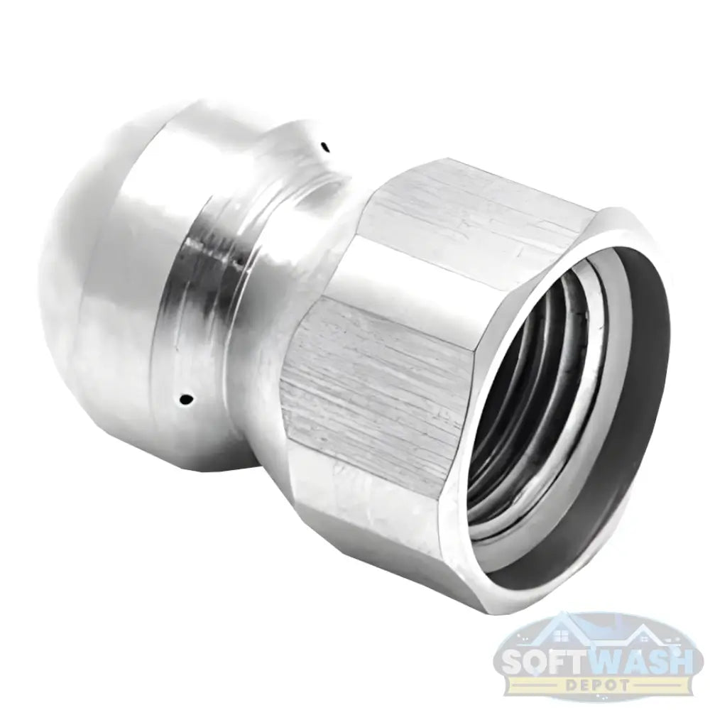 3/8 inch stainless steel fixed 8.0 sewer nozzle with button nose, front jet, and three rear jets for pressure washer sewer and drain cleaning. - Soft Wash Depot