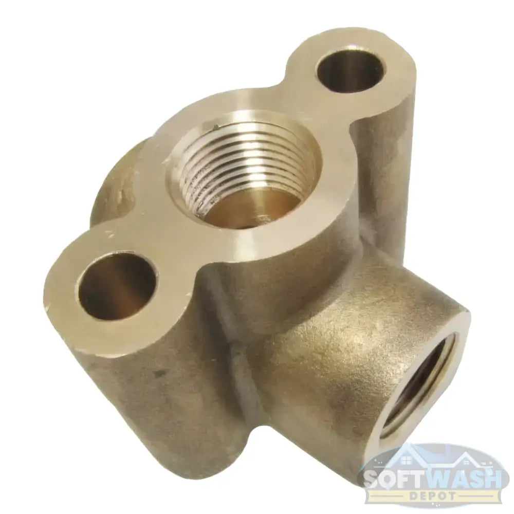 3/8 inch Brass Female Unloader Block with mounting holes - heavy-duty brass fitting for connecting unloaders in pressure washer and soft wash systems - corrosion-resistant component sold by Soft Wash Depot.