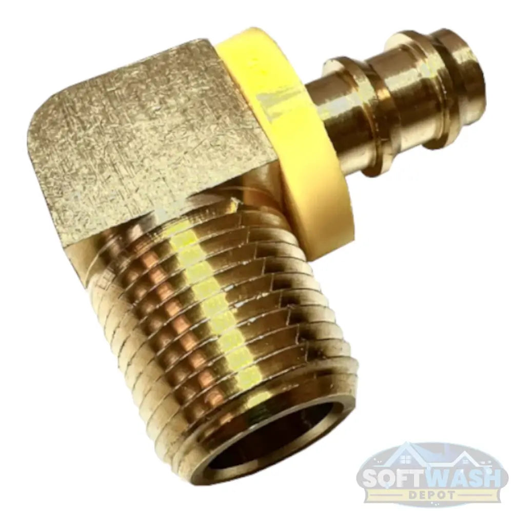 3/8 inch brass push-lock hose barb to 3/8 inch male NPT elbow fitting for soft wash and pressure wash systems. - Soft Wash Depot.