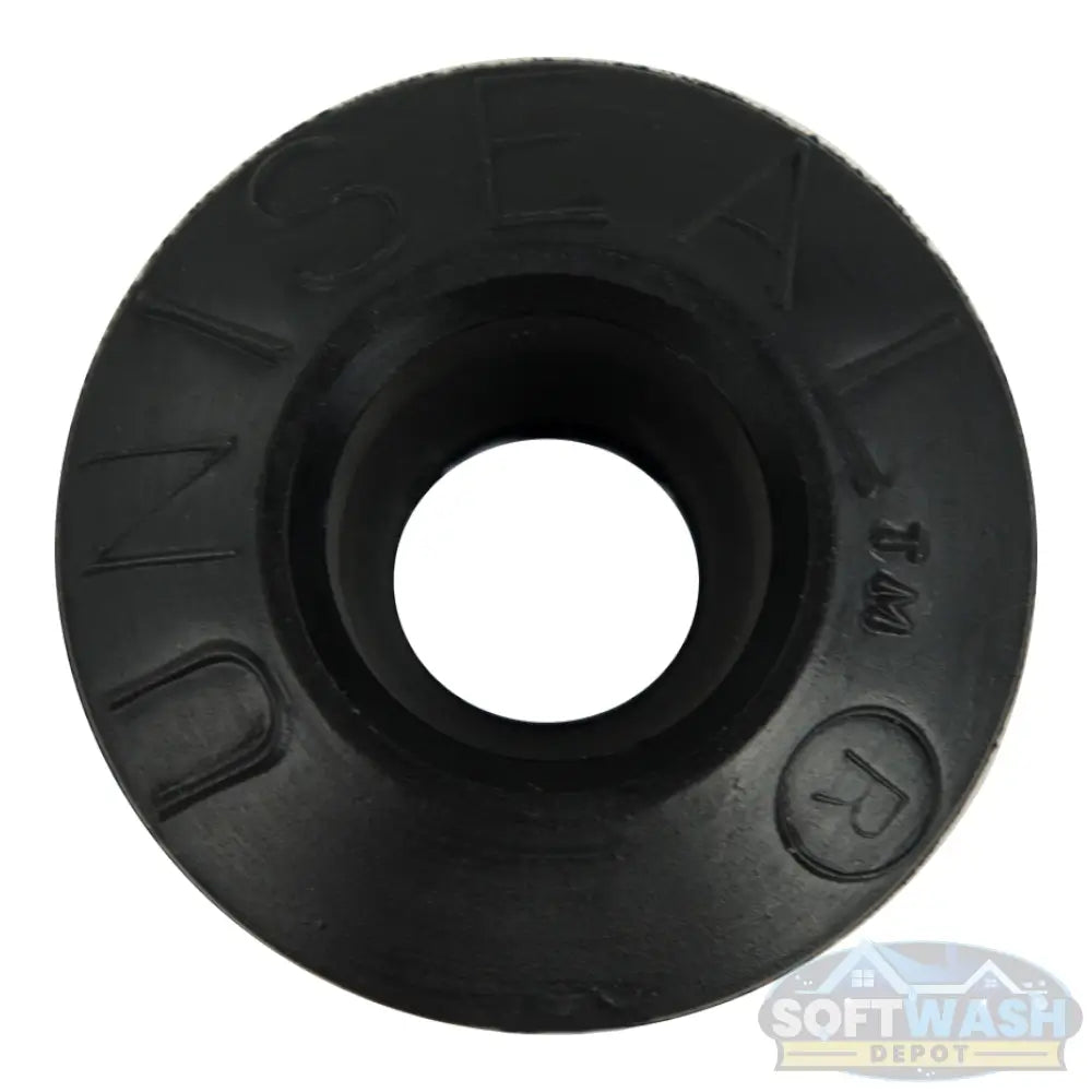 Close-up view of a 3/8-inch black Uniseal® pipe-to-tank seal, showing the flexible rubber grommet opening for connecting PVC pipe to a tank wall.