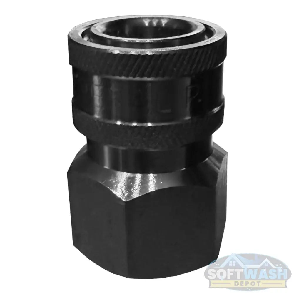 General Pump stainless steel 3/8 inch quick connect socket with 1/2 inch FNPT threads for pressure washing systems. - Soft Wash Depot