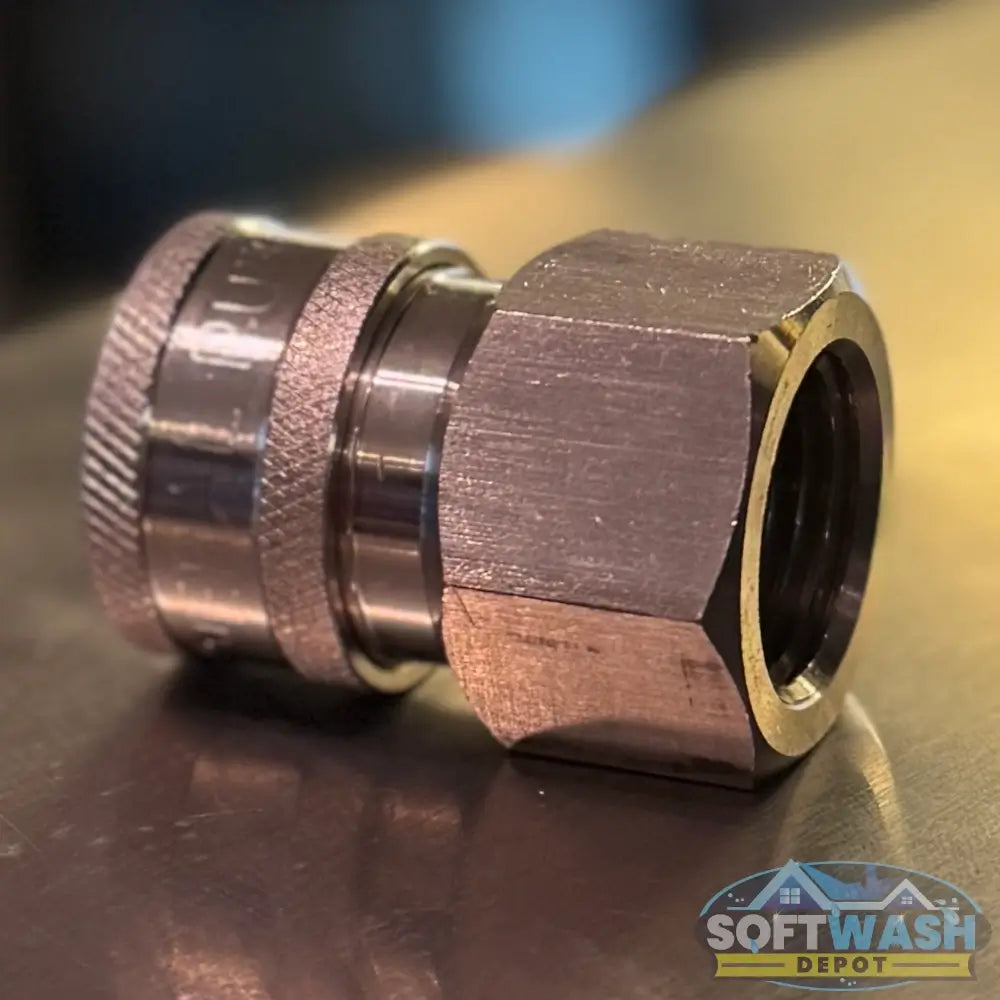 General Pump stainless steel 3/8 inch quick connect socket with 1/2 inch FNPT threads for pressure washing systems. - Soft Wash Depot