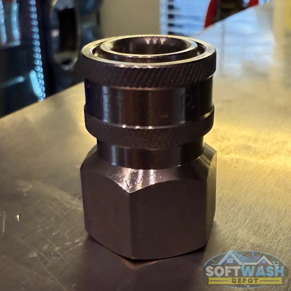 General Pump stainless steel 3/8 inch quick connect socket with 1/2 inch FNPT threads for pressure washing systems. - Soft Wash Depot