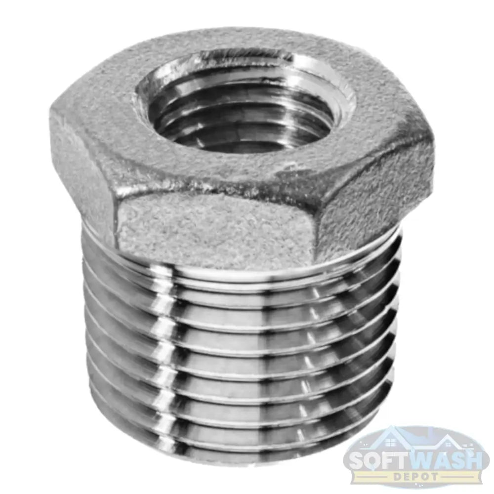 304 stainless steel hex bushing, 1/2-inch male x 1/4-inch female NPT reducer rated 150 PSI, corrosion-resistant pipe fitting - Soft Wash Depot.