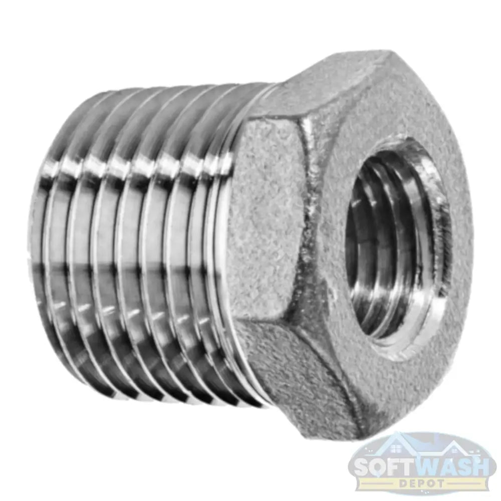 304 stainless steel hex bushing, 1/2-inch male x 1/4-inch female NPT reducer rated 150 PSI, corrosion-resistant pipe fitting - Soft Wash Depot.