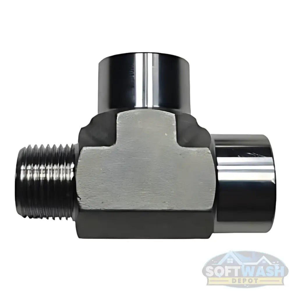 304 stainless steel forged tee pipe fitting with 3/8” female NPT ports and 3/8” male NPT run, rated 5000 PSI. - Soft Wash Depot