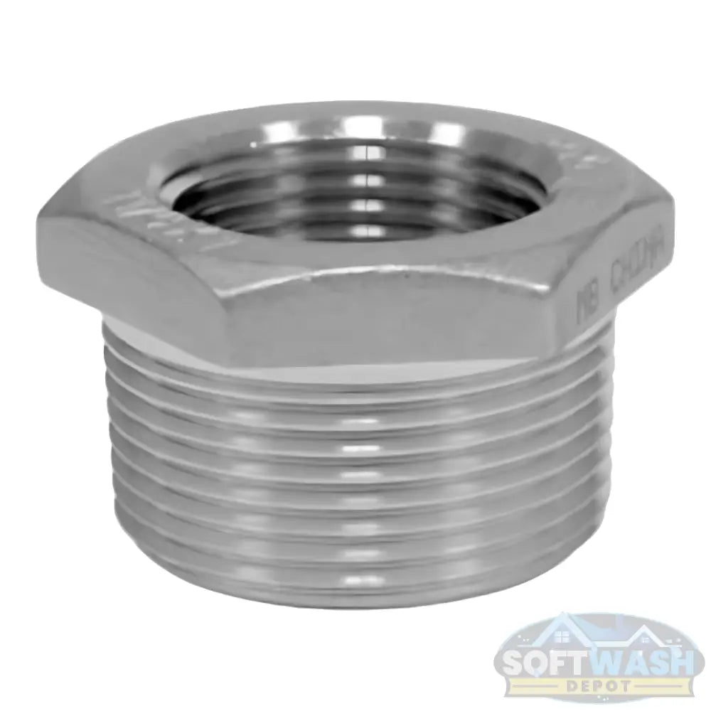 304 Stainless Steel Bushing 3/8" MPT x 1/4" FPT rated at 150 PSI - precision-machined reducer fitting with corrosion-resistant finish for pressure washing and soft washing systems - Soft Wash Depot product photo.
