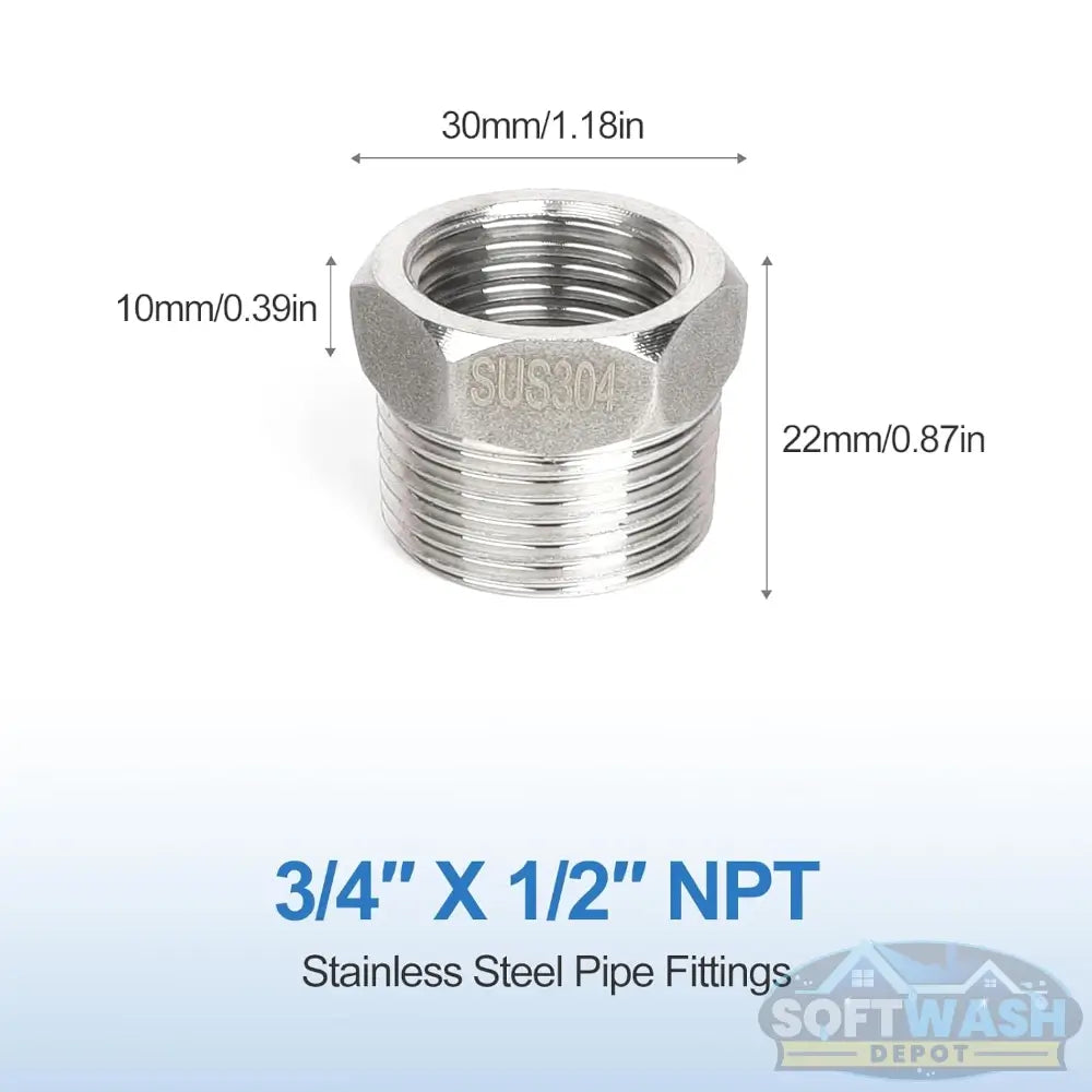 304 Stainless Steel Reducer Hex Bushing - 3/4" NPT Male x 1/2" NPT Female reducing pipe fitting adapter rated for 300 psi, corrosion-resistant SUS304 stainless steel construction for pressure washing and soft wash systems - Soft Wash Depot.