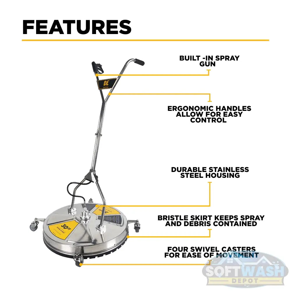 30 inch Whirl-A-Way stainless steel pressure washer surface cleaner with twin handles, swivel casters, and triple rotating spray jets for commercial flat surface cleaning. - Soft Wash Depot