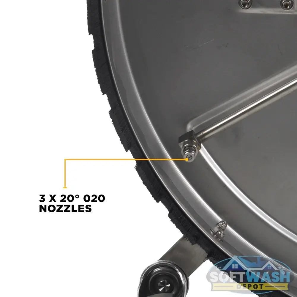 30 inch Whirl-A-Way stainless steel pressure washer surface cleaner with twin handles, swivel casters, and triple rotating spray jets for commercial flat surface cleaning. - Soft Wash Depot