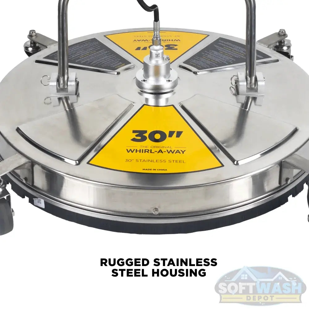 30 inch Whirl-A-Way stainless steel pressure washer surface cleaner with twin handles, swivel casters, and triple rotating spray jets for commercial flat surface cleaning. - Soft Wash Depot
