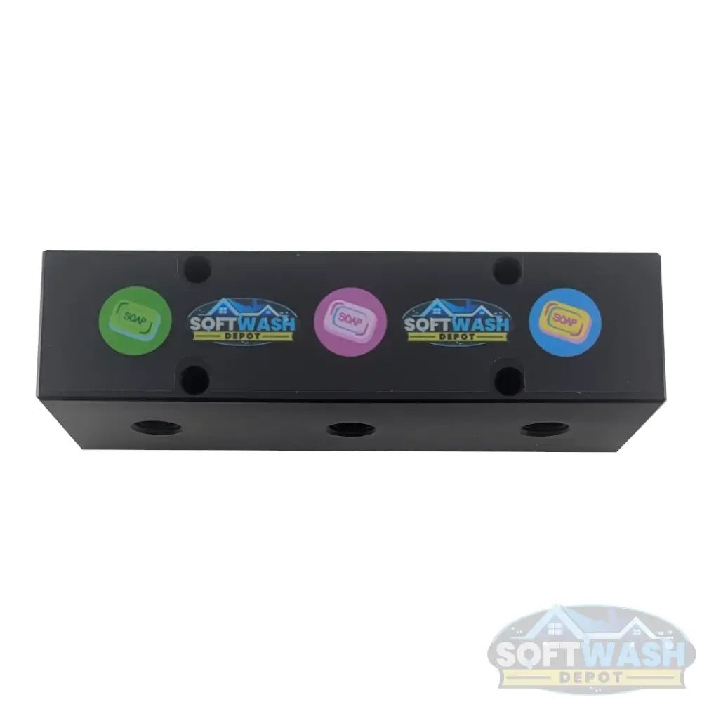 Black downstream injector manifold block available in 2-port and 3-port configurations, featuring chemical-resistant valves and barbed fittings for quick soft wash solution switching. - Soft Wash Depot