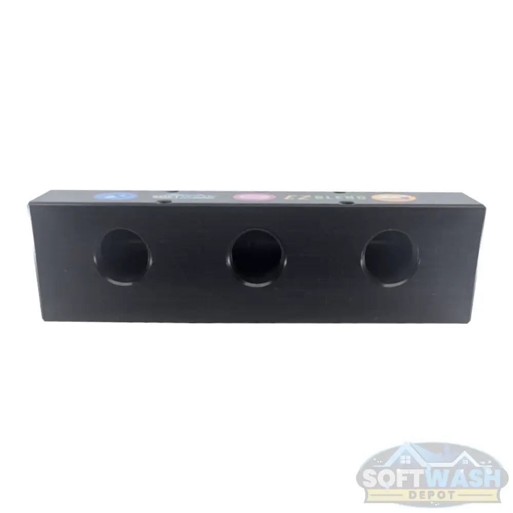Black soft washing mixing manifold with 3 port and 4 port configuration for chemical proportioning systems. - Soft Wash Depot