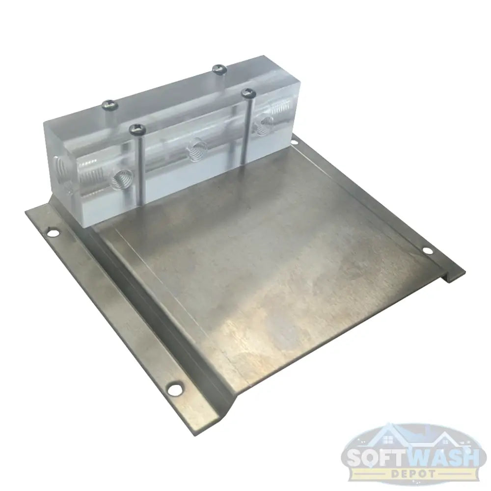 Clear downstream injector manifold block with 2-port or 3-port configuration, transparent chemical injection manifold for pressure washing and soft wash systems. - Soft Wash Depot