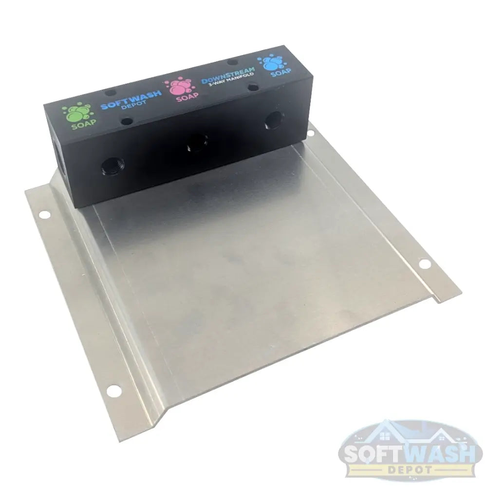 Black downstream injector manifold block available in 2-port and 3-port configurations, featuring chemical-resistant valves and barbed fittings for quick soft wash solution switching. - Soft Wash Depot