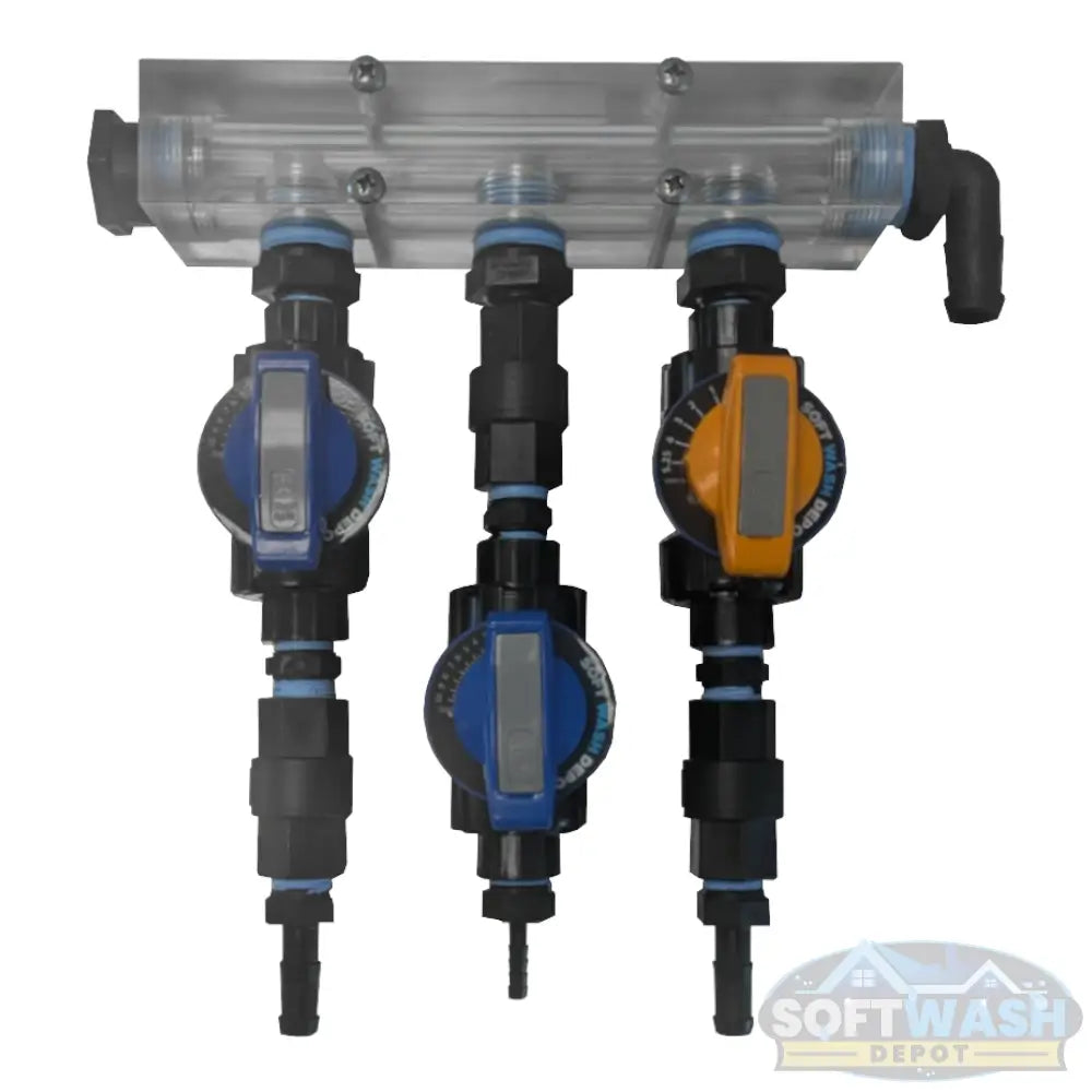 Clear Acrylic Soft Washing Mixing Proportioner with Precision Flow Valves - available in 3-port and 4-port configurations, featuring adjustable color-coded control valves for water, soap, and bleach mixing. - Soft Wash Depot