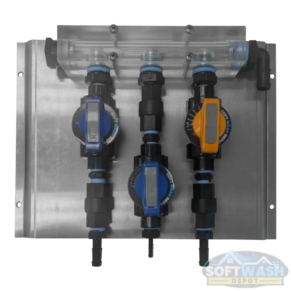 Clear Acrylic Soft Washing Mixing Proportioner with Precision Flow Valves - available in 3-port and 4-port configurations, featuring adjustable color-coded control valves for water, soap, and bleach mixing. - Soft Wash Depot