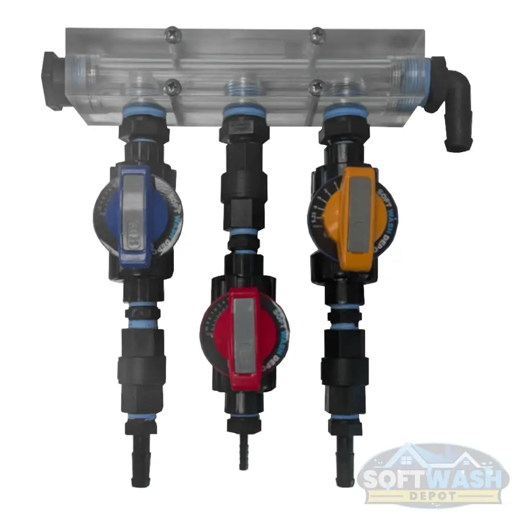 Clear Acrylic Soft Washing Mixing Proportioner with Precision Flow Valves - available in 3-port and 4-port configurations, featuring adjustable color-coded control valves for water, soap, and bleach mixing. - Soft Wash Depot