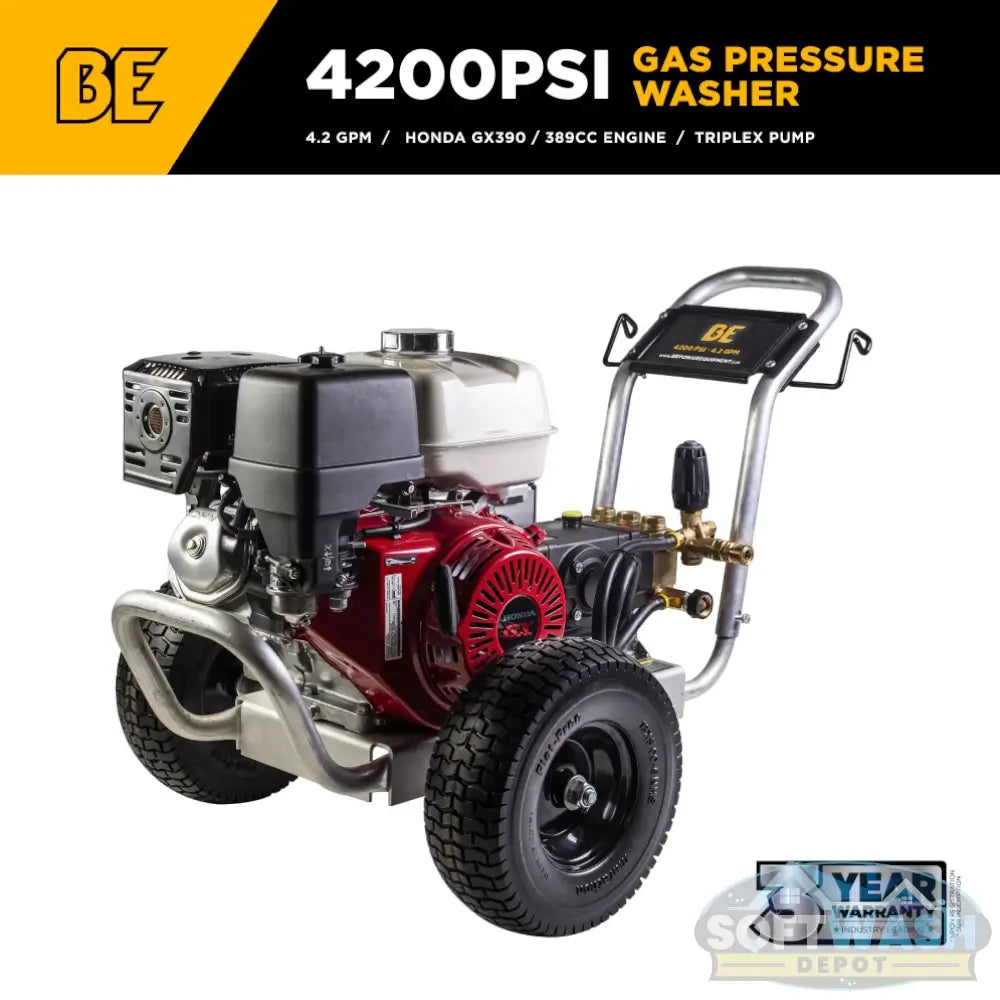 4,200 PSI 4.2 GPM cold water gas pressure washer with Honda GX390 engine, General TSS1511-P8 belt drive triplex pump, aluminum frame, and flat-free tires. - Soft Wash Depot