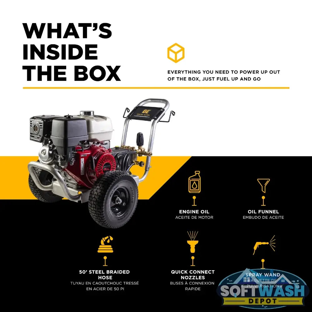4,200 PSI 4.2 GPM cold water gas pressure washer with Honda GX390 engine, General TSS1511-P8 belt drive triplex pump, aluminum frame, and flat-free tires. - Soft Wash Depot