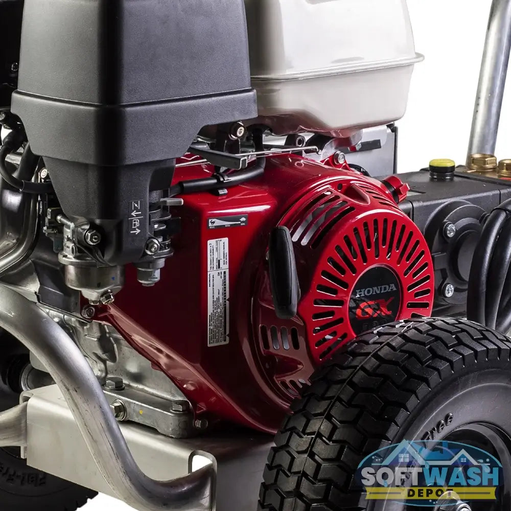 4,200 PSI 4.2 GPM cold water gas pressure washer with Honda GX390 engine, General TSS1511-P8 belt drive triplex pump, aluminum frame, and flat-free tires. - Soft Wash Depot